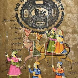 Vintage Rajasthani Camel Procession Art, Hand-Painted Folk Art with Government Court Stamp, Traditional Indian Wall Decor
