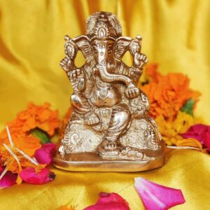 Laxmi Handicraft Brass Mangalkari Decorative Lord Ganesha Idol in Gold Color, Handcrafted Home Decor Showpiece, 9.5cm Height, Ideal Gift for Puja and Festivals